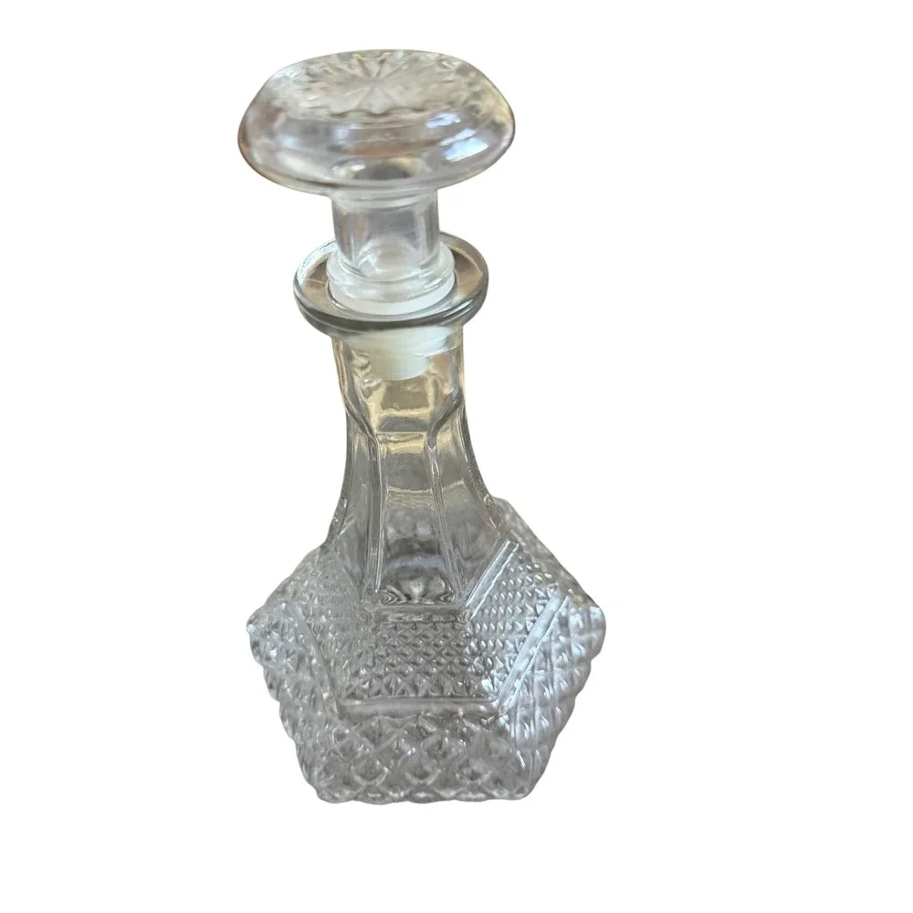 Vintage Clear Pressed Glass Decanter Diamond Point Hexagon Barware with Stopper